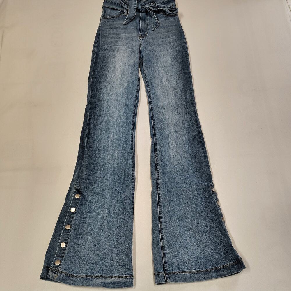 Jealous Tomato Flare Jeans Small Tie Waist Bell Bottom Jean Snap Leg Boho Hippie
